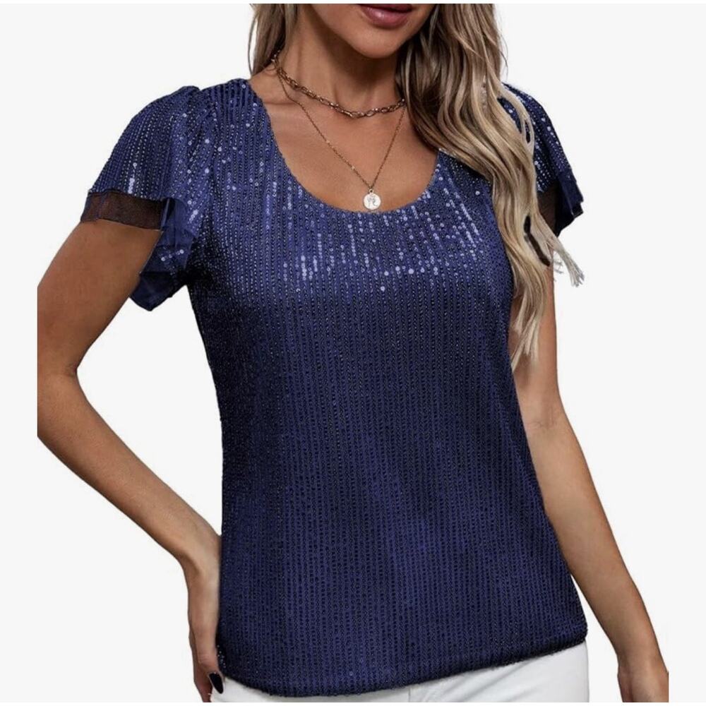 Traleubie Navy Blue Sequin Party Top Women’s Large Ruffle Sleeve Blouse
